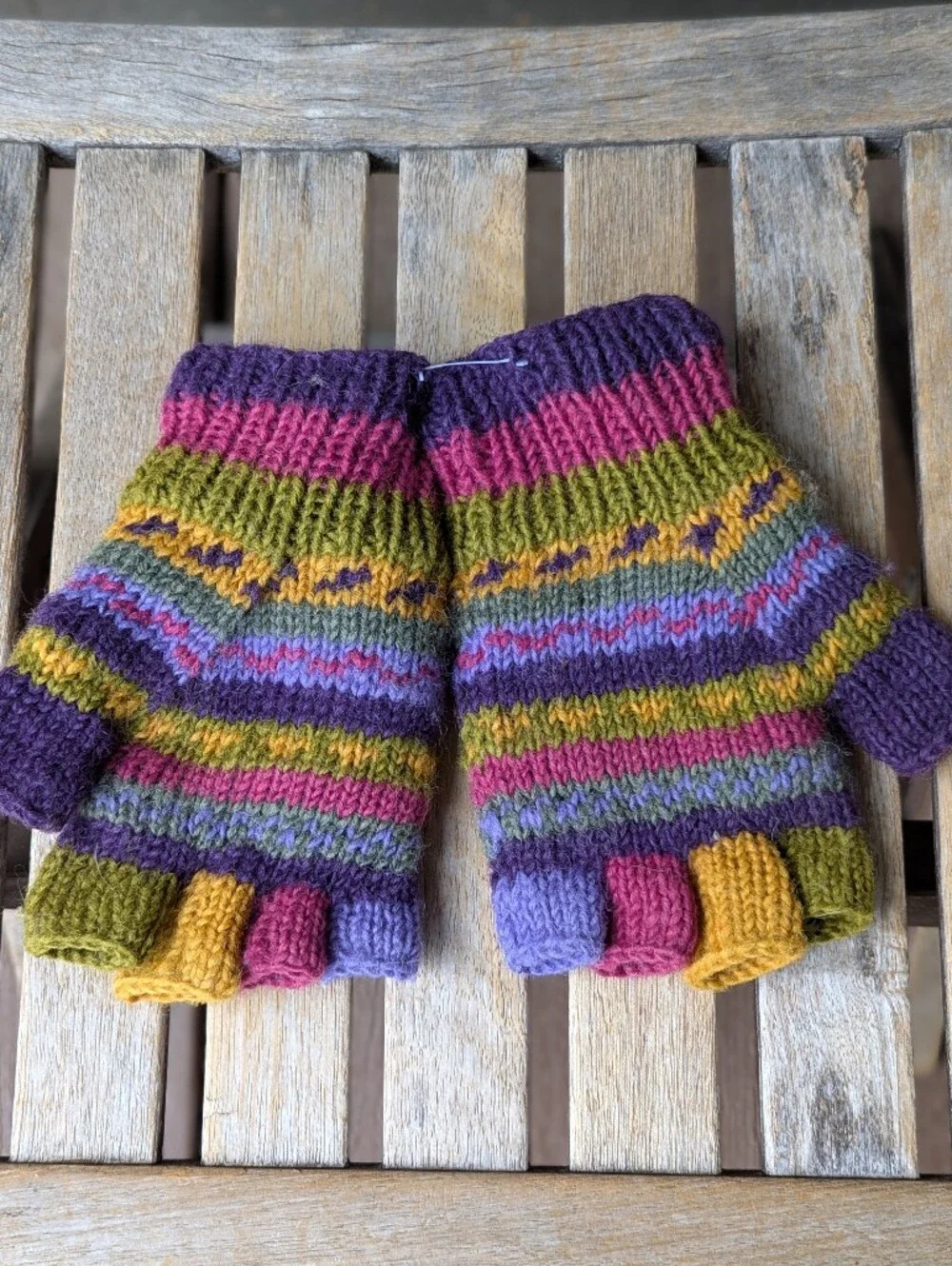 NWOT Lunie Va Colorful Wool Fingerless Gloves Purple Pink Green Fleece Lined